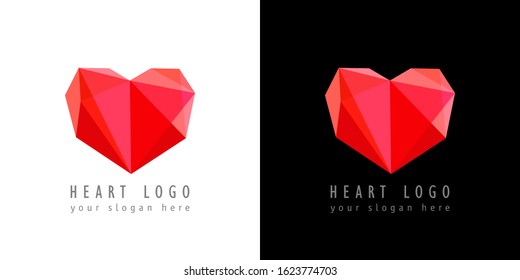 Red Ruby Heart. Creative Logo On White And Dark Background. Abstract Isolated Graphic Design Template. Branding Concept. Logotype Modern Concept In 3D Style, Stained Glass Decorative Set Of Elements.