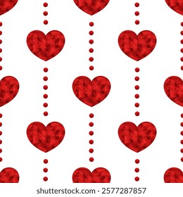 Red ruby hearts and dots on white background. Vector seamless pattern. Best for textile, wallpapers, wrapping paper, package and St. Valentine's Day decoration.