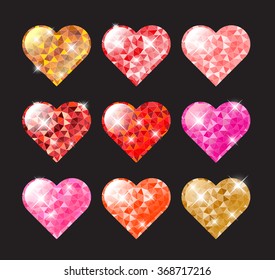 Red, Ruby, Pink, Gold sparkle vector hearts.