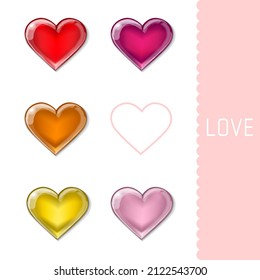 Red, Ruby, Pink, Orange and Yellow glass hearts. Vector Illustration 
