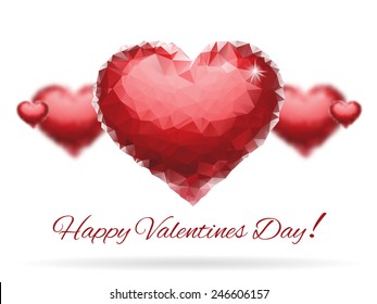 Red Ruby Polygonal Hearts For Valentines Day Card. Vector Illustration.
