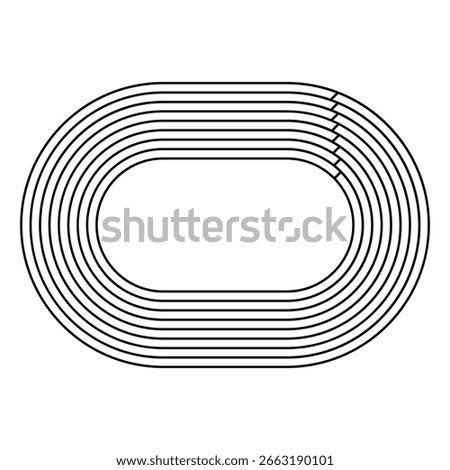 Red running track with green grass field. Stadium top view. Racetrack for sprint, marathon or other athletic sports competition isolated on white background. Vector flat illustration.