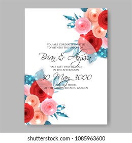  Red rununculus peony rose 3d Invitation or wedding card with abstract floral background