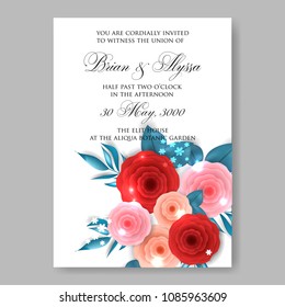  Red rununculus peony rose 3d Invitation or wedding card with abstract floral background