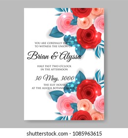  Red rununculus peony rose 3d Invitation or wedding card with abstract floral background