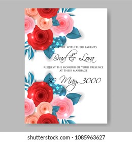  Red rununculus peony rose 3d Invitation or wedding card with abstract floral background