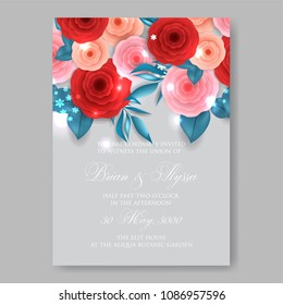  Red rununculus peony rose 3d Invitation or wedding card with abstract floral background