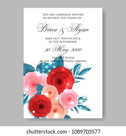  Red rununculus peony rose 3d Invitation or wedding card with abstract floral background