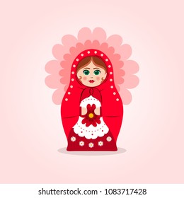 Red Russian Doll vector. Nesting Doll Matryoshka with flowers. Matrioska. Symbol of Russia. Babushka Souvenir.