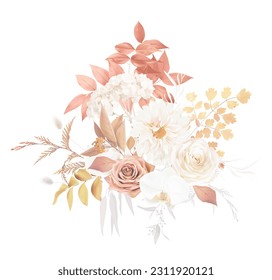 Rojo, roya, beige, flores blancas, rosa marrón, dalia blanca, orquídea, flor hidrangea, hierba caída, helecho, hojas secas, ramo de diseño vectorial lagarus. Naranja y amarillo. Los elementos están aislados y se pueden editar