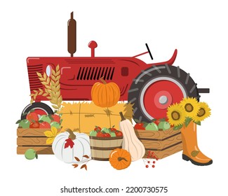 Red rustic tractor with pumpkins, apples, sunflowers, hay, and leaves. Isolated on white background. Autumn harvest or Thanksgiving Day design in cartoon style.