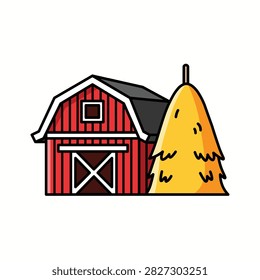 Red rustic wooden barn with large golden haystack representing traditional agricultural farming.