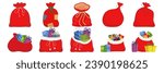 Red sack with Christmas gifts cartoon Santa bags filled with gift boxes on blank background vector illustration Happy New Year