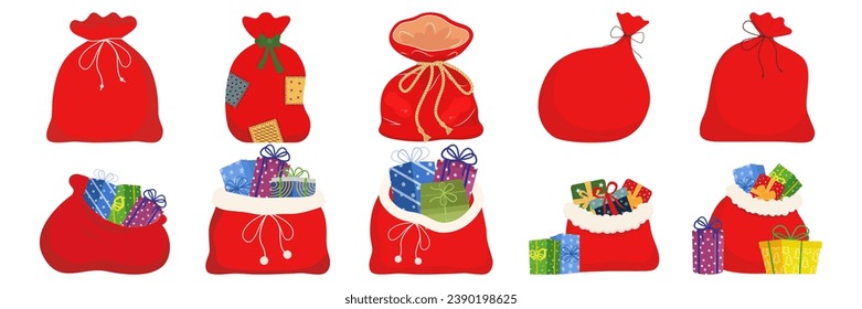 Red sack with Christmas gifts cartoon Santa bags filled with gift boxes on blank background vector illustration Happy New Year