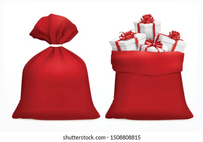 Sacos rojos con regalos de Navidad composición realista sacos santa rellenos con cajas de regalo en blanco ilustración vectorial de fondo