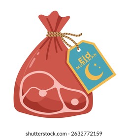 A red sack of meat tied with twine, featuring a tag with "Eid Mubarak" and a crescent moon and stars.