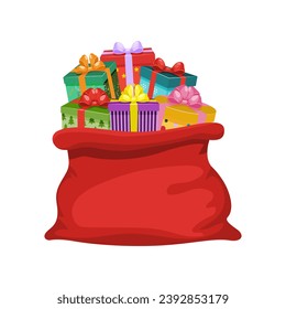 Red sack of Santa Claus full of gifts. Large open bag with gift boxes. Traditional Christmas and New Year symbol, attribute of Santa Claus. Vector illustration.