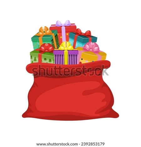 Red sack of Santa Claus full of gifts. Large open bag with gift boxes. Traditional Christmas and New Year symbol, attribute of Santa Claus. Vector illustration.