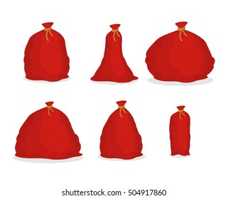 Red sack set Santa Claus. Large holiday bag for gifts. Big bagful for new year and Christmas