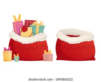 Red sacks of Santa. Empty and filled with gifts. Present for christmas celebration in big sack. Vector illustration