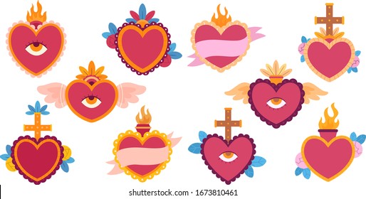 Red sacred heart vector illustration in mexican spirit color.