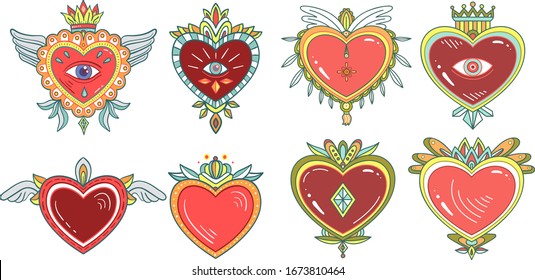 Red sacred heart vector illustration in mexican spirit color.