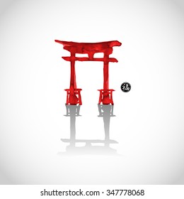 Red sacred torii gates in water. Traditional Japanese ink painting sumi-e. Contains hieroglyph - luck.