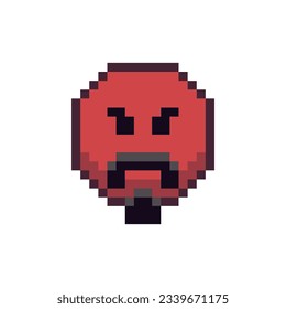 Red sad emoticon face with beard pixel art icon. Angry cartoon character. Show the language of emotion. Flat style. 8-bit style. Isolated abstract vector illustration.
