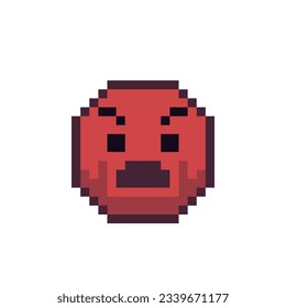Red sad emoticon face pixel art icon. Angry cartoon character. Show the language of emotion. Flat style. 8-bit style. Isolated abstract vector illustration.