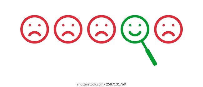 red sad emotion smiles and green magnifying glass with happy smile, positive mood vector concept, new employee hiring template