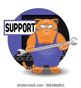 Red sad fat cat in a blue overalls with a wrench on the background of a 3d laptop and the word support. Sticker, icon or t shirt design