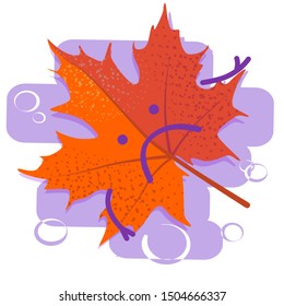 Red sad leaf. Seasonal depression. Autumn cold and flu. Season affective desorder. Flat vector illustration on white isolated background.