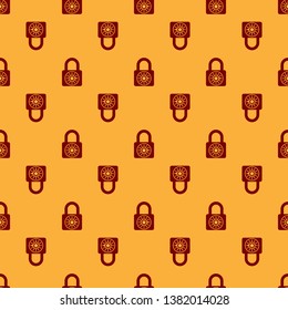 Red Safe combination lock wheel icon isolated seamless pattern on brown background. Combination padlock. Security, safety, protection, password, privacy concept. Vector Illustration