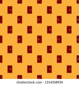 Red Safe icon isolated seamless pattern on brown background. The door safe a bank vault with a combination lock. Reliable Data Protection. Flat design. Vector Illustration