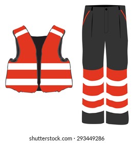 Red safety clothing vector icon set with safety vest and pants. Safety equipment. Protective workwear