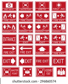 Red safety sign. Vector emergency exit signs set on red background