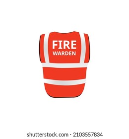 Red safety vest for fire warden with fluorescent reflective elements in flat vector illustration isolated on white background. Emergency waistcoat with text on back. Security uniform for fire fighter
