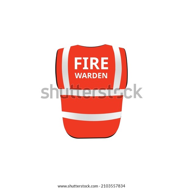 Red safety vest for fire warden with fluorescent\
reflective elements in flat vector illustration isolated on white\
background. Emergency waistcoat with text on back. Security uniform\
for fire fighter