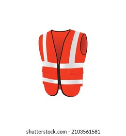 Red safety vest with reflective details, perspective isometric view. Construction worker protective jacket clothes, 3D realistic vector mockup. Safety vest isolated on white background.