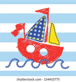 A Red Sail Boat with waves