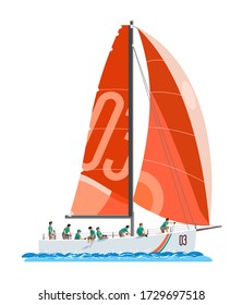 Red sail sailing yacht with a large team of 8 people. Vector isolated illustration.