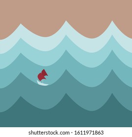 Red sail at sea waves. Vector art, flat style. Might be used in postcards, posters, background 