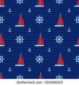 Red sail yacht on dark blue waves ripple background, vintage anchot and vector helm ship steering wheel. Boar vessel vector seamless pattern. Navy wallpaper. Sailboat vector seamless pattern design.