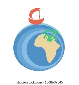 A red sailboat floats on the sea on a substitute ball to Africa. Abstraction vector image. Tourism to warm countries. Float on the ship. Icon or avatar for website and advertising
