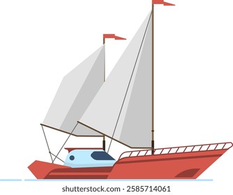 Red sailboat gliding across the water, showcasing white sails and vibrant red flags, embodying the essence of sea transportation, leisure activities, and adventurous travel