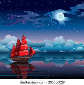 Red sailboat and starry sky with full moon reflected in calm sea. Night nature vector seascape.