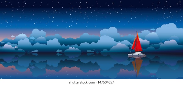 Red sailing boat in a calm sea on a night starry sky background