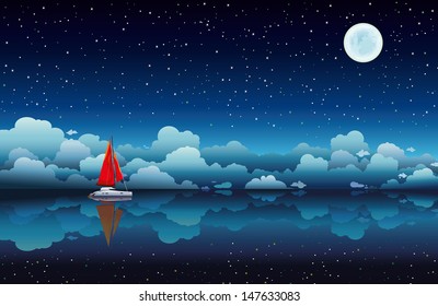 Red Sailing Boat In A Calm Sea On A Night Starry Sky With Full Moon