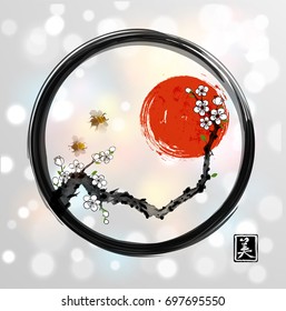 Red sakura cherry tree bllossom, red sun and two bees in black enso zen circle on white glowing background. Traditional oriental ink painting sumi-e, u-sin, go-hua.