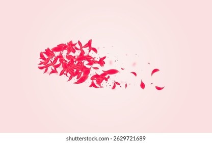 Red Sakura Vector Pink Background. Japan Flower Banner. Ruby Petal Fall Poster. Carmine Summer Lotus Template.